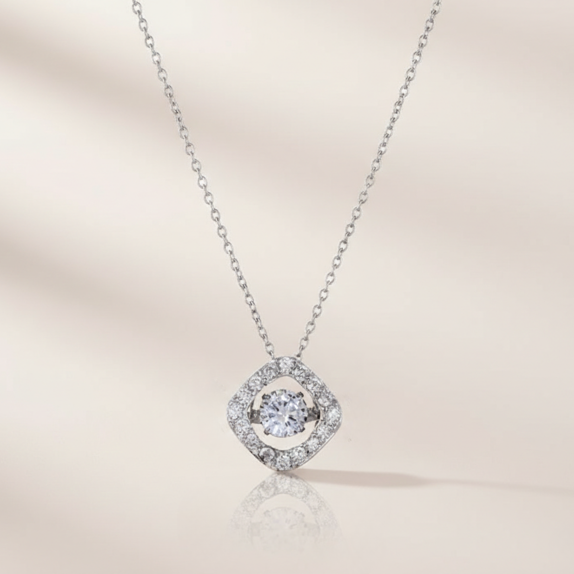 Sterling Silver Open Square Pendant Necklace with Dancing CZ Stones